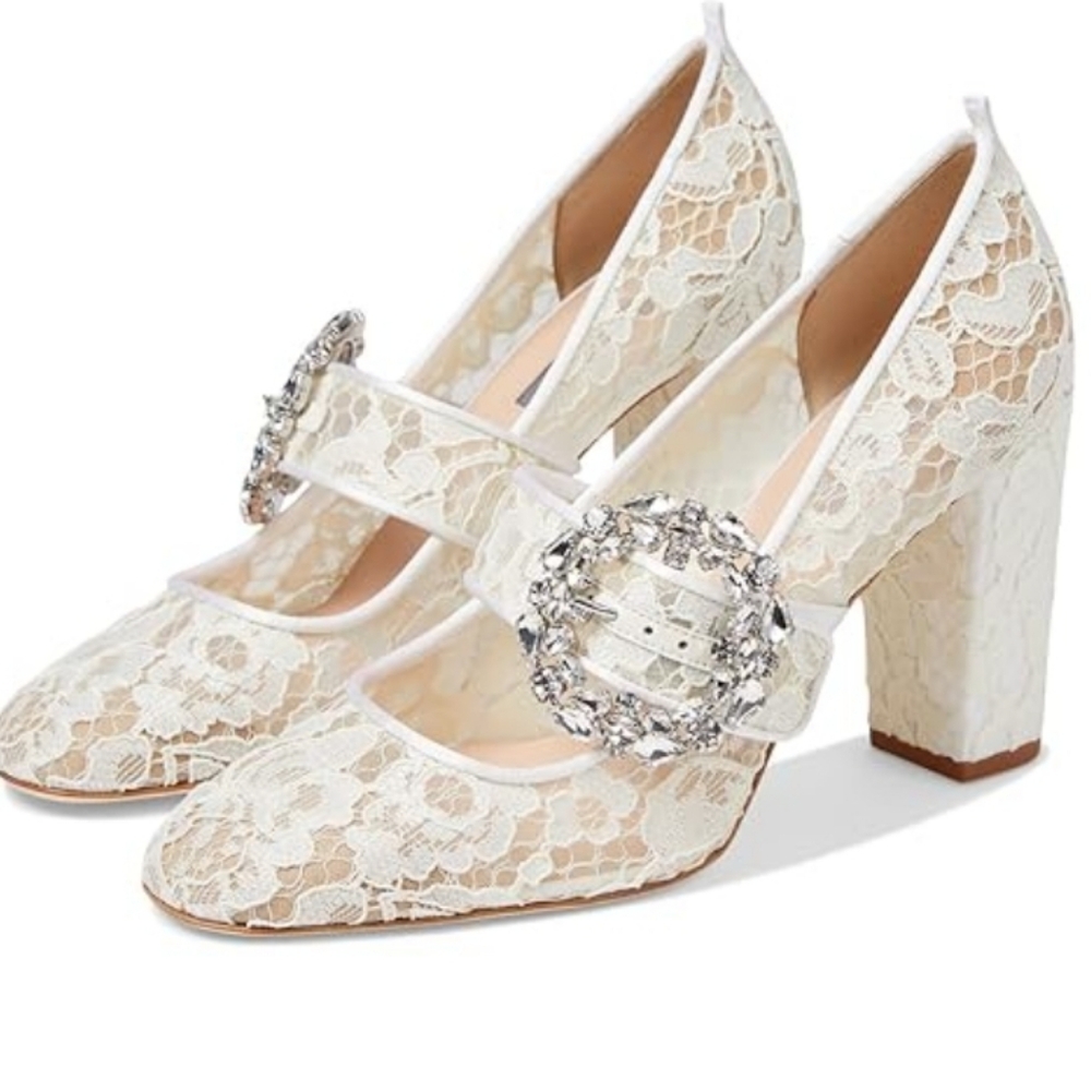 SJP White Lace Block Heel Shoes
